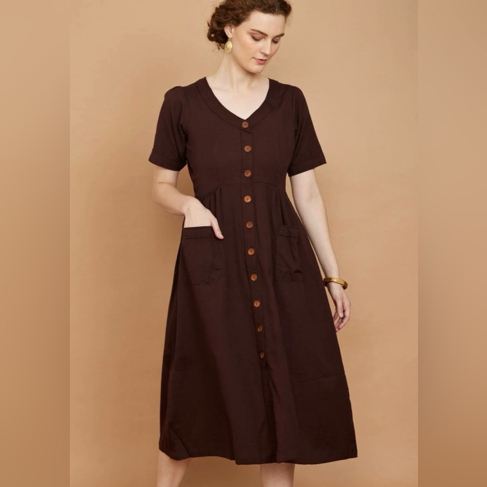 Panamina Mahogany Brown Button-Up Midi Dress Small